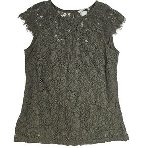 HM Olive Green Floral Lace Cap Sleeve Shell‎ Blouse XS Keyhole Back Trim